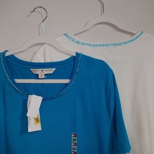 Tommy Hilfiger 2 Pack Tops 3X Blue White Beaded Neck Cotton T Shirts  New